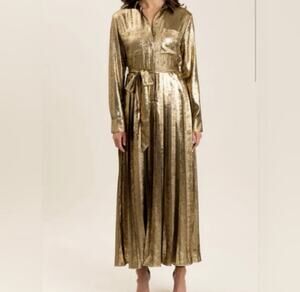 Alden Adair Women's Beige Metallic Bronze Long Shirt Maxi Dress Size XS